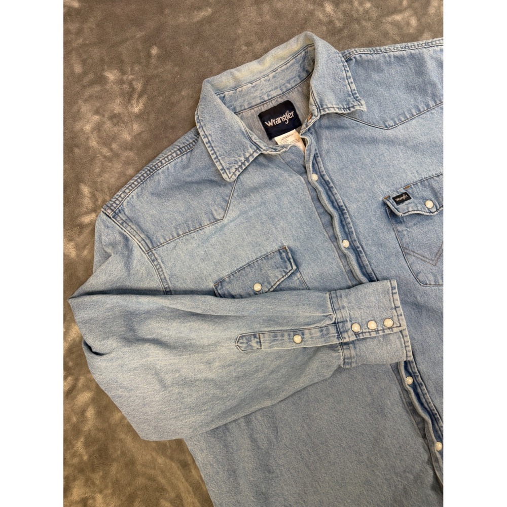 Wrangler Mens Western Denim Pearl Snap Shirt Light Wash Raw Hem XXL 70127SW